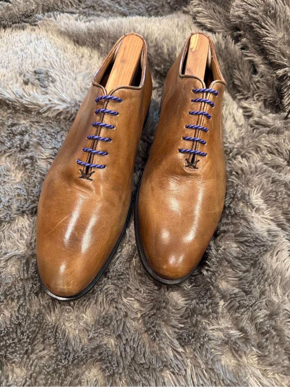 Men's Tan Leather Derby Shoes with Blue/Purple Laces by CUOIO. Made in Italy - Picture 2 of 14